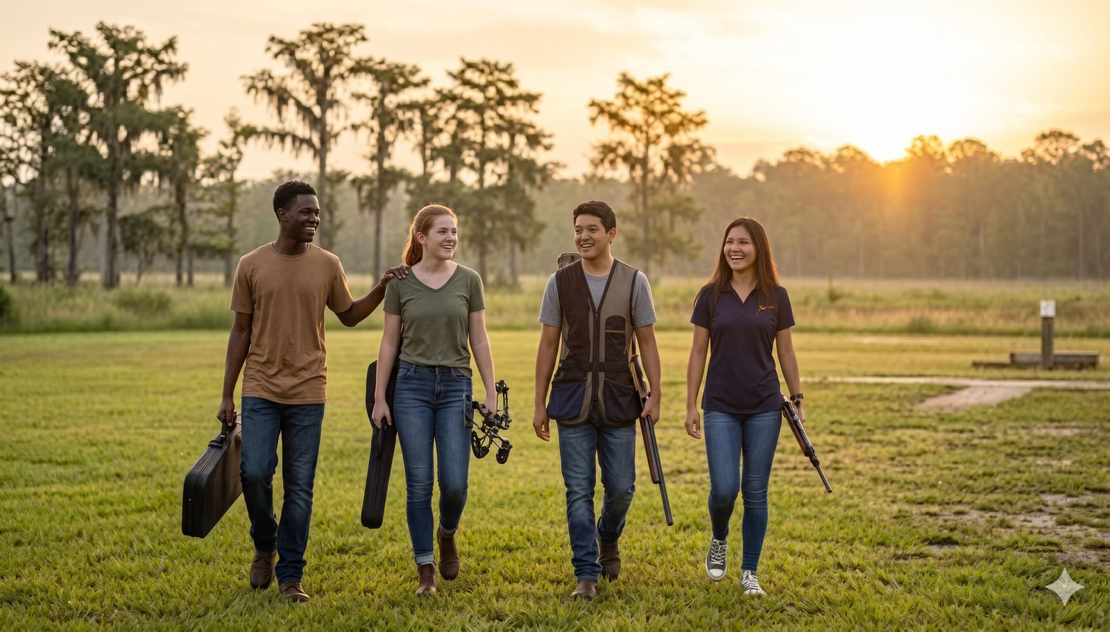 Young shooting athletes walking together at sunset