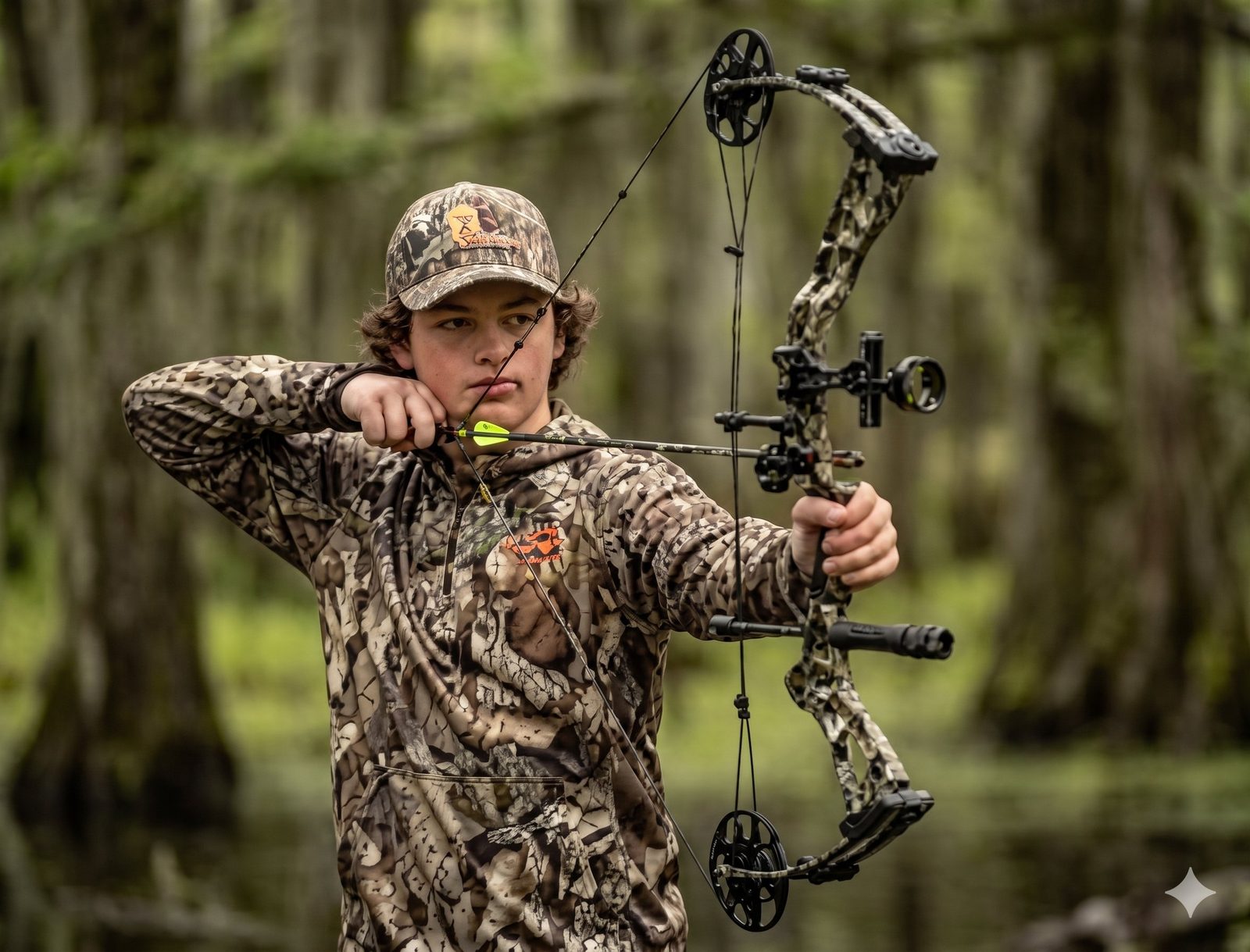 A young archer drawing a compound bow in the field